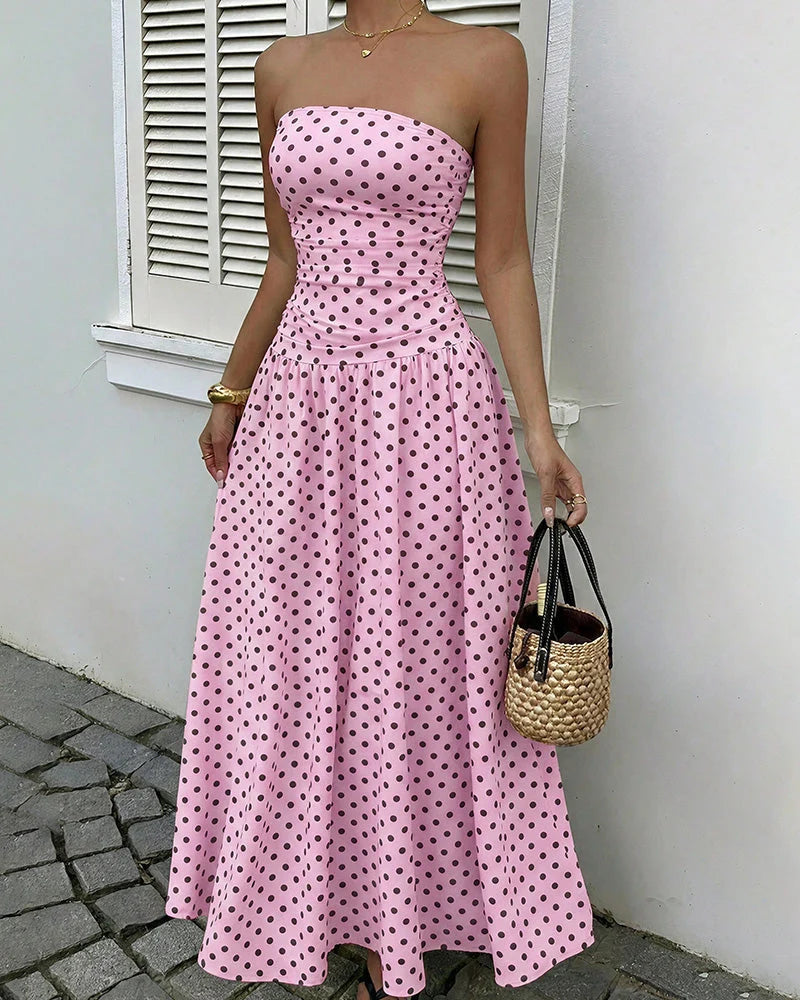Vintage Polka Dot Strapless Ruffle Maxi Dress