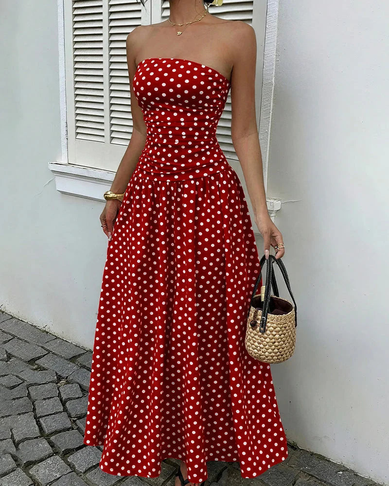 Vintage Polka Dot Strapless Ruffle Maxi Dress