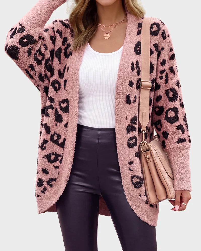 Leopard-Print Open-Front Knit Cardigan with Pockets