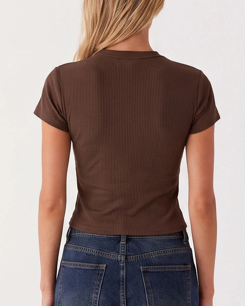 Ribbed Button-Front Cropped Tee