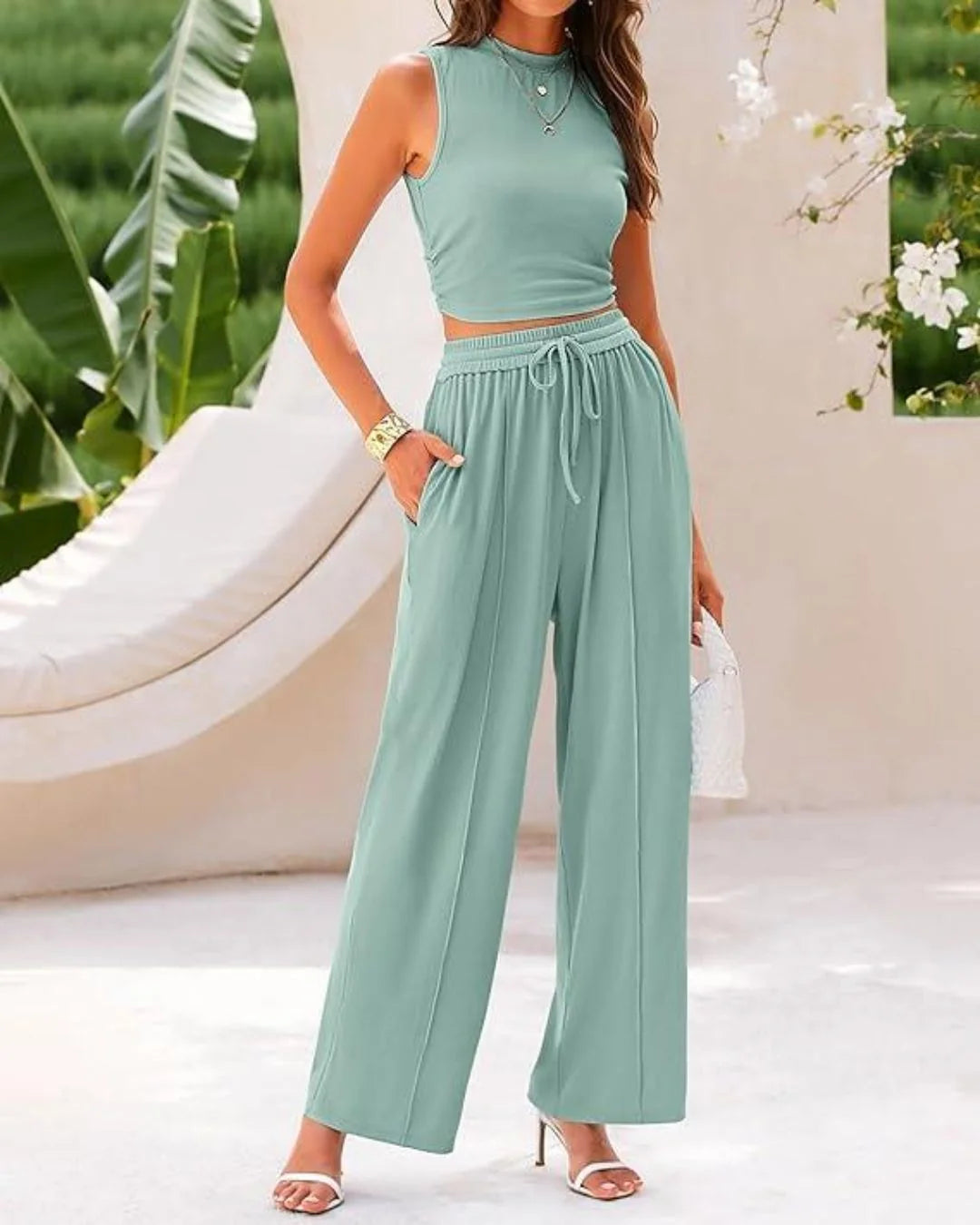 Sleeveless Knit Wide-Leg Lounge Set