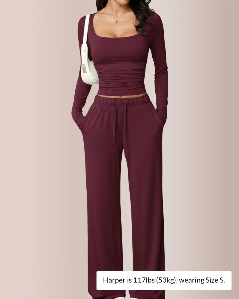 Square Neck Crop Top & Wide Leg Pants Set
