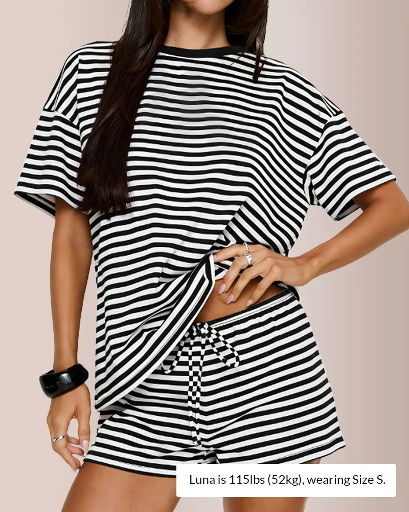 Curvvvy™ Oversized Tee & Drawstring Shorts Striped Lounge Set