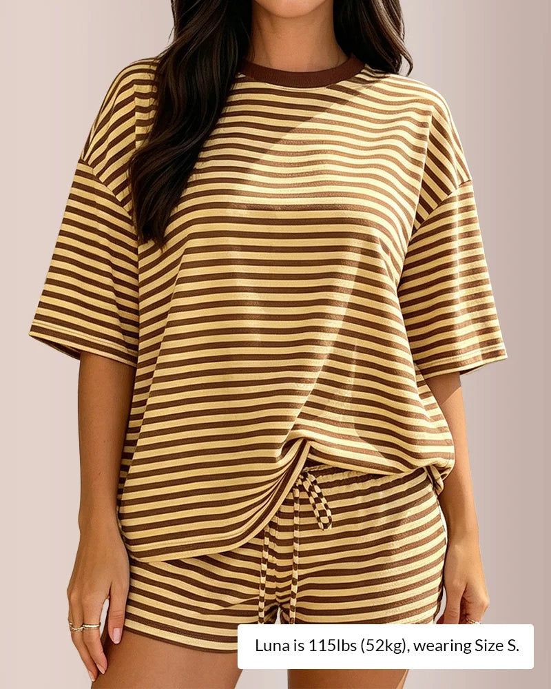Curvvvy™ Oversized Tee & Drawstring Shorts Striped Lounge Set