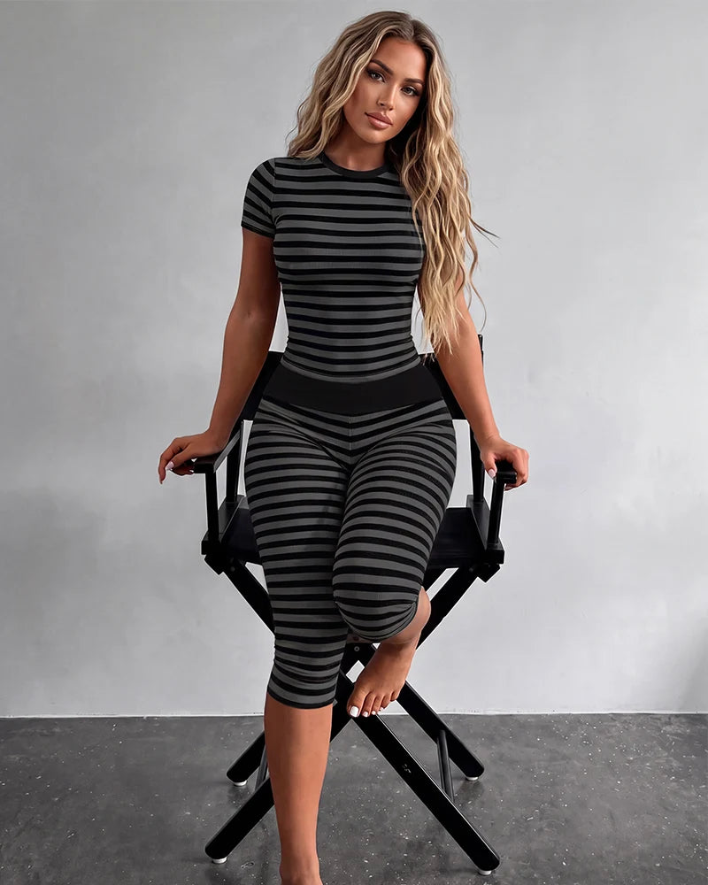 Striped Crop Top & Capri Leggings Set