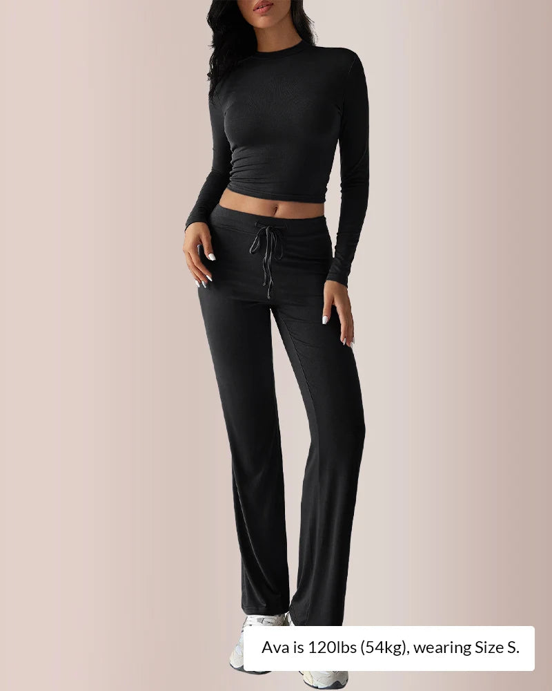 Solid Long Sleeve Crop Top & Drawstring Pants Set
