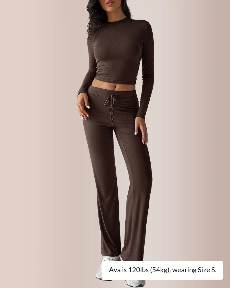 Solid Long Sleeve Crop Top & Drawstring Pants Set