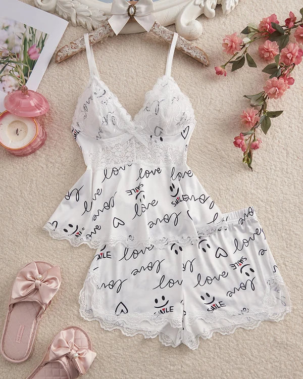 BlossomLace – Lace-Trim Cami & Shorts Pajama Set