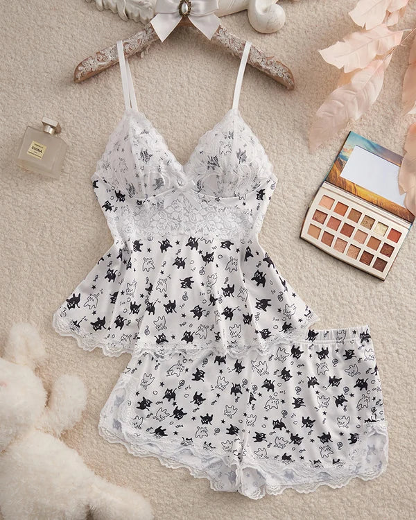 BlossomLace – Lace-Trim Cami & Shorts Pajama Set